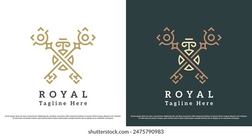 Royal key logo design illustration. Silhouette of the royal palace crest monarch royal classy treasure access key. Flat icon symbol simple minimal minimalist geometric elegant heraldic gothic object.