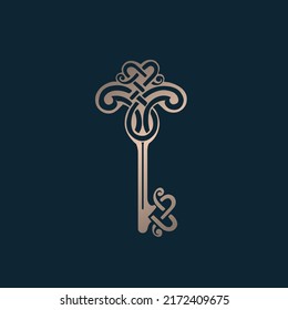 Royal key logo.Decorative, ornamental style icon isolated on dark background.Real estate, property rental, old house related symbol.Vector sign.Rose gold color illustration.