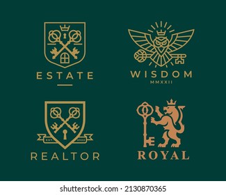 Royal key logos. Luxury real estate brand icon set. Elegant gold property keys symbol collection. Premium golden design element illustration vector pack.