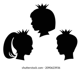 royal kids black and white vector profile head silhouette portraits - princess girl and prince boy wearing crown