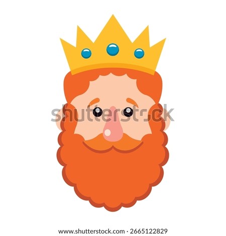 Royal king character head with golden crown blue gems and curly orange beard Vector illustration