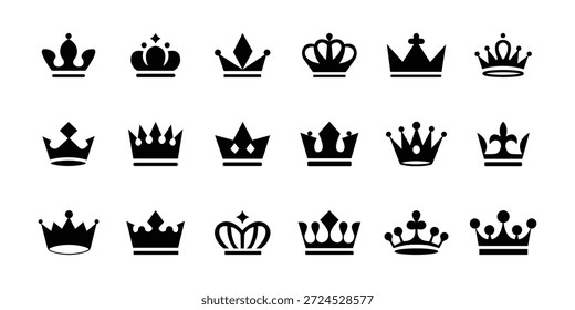 Rey real Corona Reina Princesa Tiara Diadema Príncipe Coronas . Colección de icono de corona negra. Conjunto de iconos de corona negra. Colección de icono de corona de rey y reina . eps 10