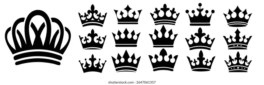 Royal King Crown Silhouette Vector Set, A bundle of 16 high-resolution black crown silhouettes in classic, vintage, minimal, and ornamental styles for logo, branding, print, and t-shirt design