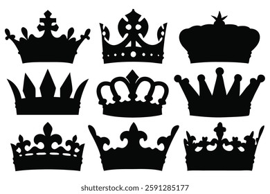 
Royal king crown silhouettes set isolated flat vector illustration on white background.