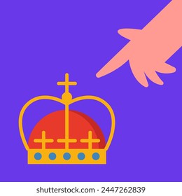 Royal King golden crown with hand on blue background. Flat vector illustration.