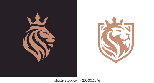 Símbolos de la corona del león del rey real. Elegante logotipo de animal Leo de oro. Icono de identidad de marca de lujo premium. Ilustración vectorial.
