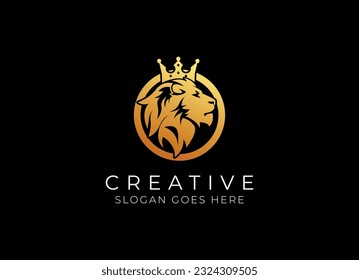 Símbolos de la corona del león del rey real. Elegante logotipo de animal Leo de oro. Icono de identidad de marca de lujo premium. Ilustración del vector