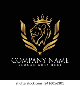Royal king lion crown symbols. Elegant gold Leo animal logo. Premium luxury brand identity icon. Vector illustration.