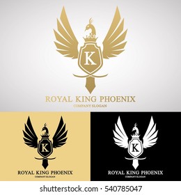 Royal King Phoenix Logo Crests Style Design for Luxury Business such as Hotel, Resort, Jewelry, Restaurant, Auction, Wedding, etc. Tattoo Item. Vector Logo Template.