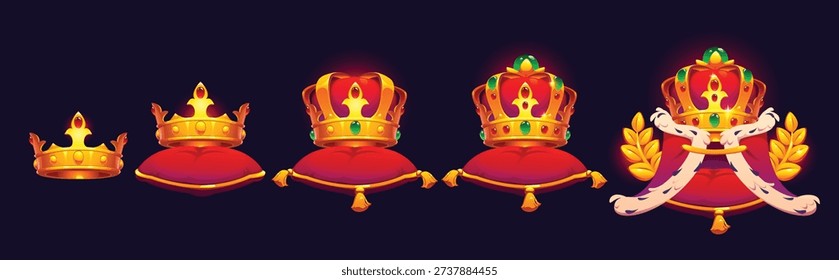 Royal king or queen game rank badge, vector heraldry award. Cartoon luxury royal crowns in progression stages, placed on pillows in laurel branches frames. Game achievement rank badges set
