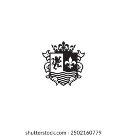 Royal King Shield Crown Logo. King Lion shield border frame royal badge label logo design vector.
