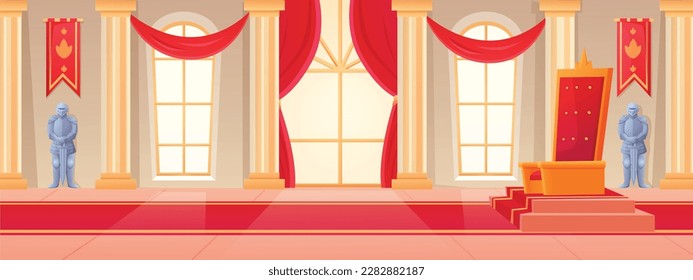 Reino Real. Paredes interiores de salón de baile. Reyes o trono de reina. Moqueta roja y cortinas de ventana. Castillo medieval. Caballeros armadores. Palacio Imperial interior. Fondo del cartel reciente del vector