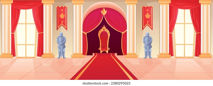 Salón del reino real. Interior del castillo. Salón de baile en palacio medieval. Reina o trono rey. Elegante tapiz. Ventana y cortinas rojas. Sillón imperial. Viñeta vectorial de fondo reciente