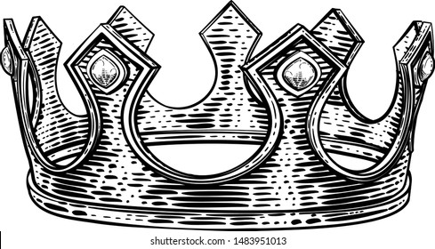 A Royal Kings Crown In A Vintage Retro Woodcut Style Illustration