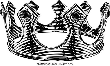 A royal kings crown in a vintage retro woodcut style illustration