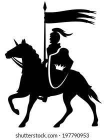 Royal knight with a crown shield riding a horse - black vector silhouette on white