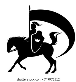 Royal knight with a crown shield riding a horse - black side view vector silhouette