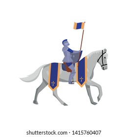 Royal knight with flag in steel armor and white horse