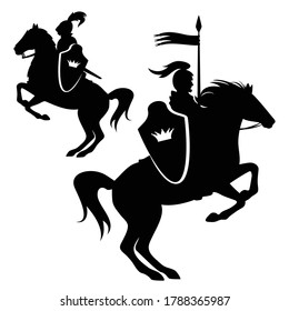 royal knight riding rearing up horse - fairy tale medieval king warrior black and white vector silhouette set