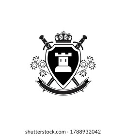 Royal or knight shield emblem, logo or badge with tower, crossed swords and crown - black and white monochrome graphic vector illustration isolated on white background.