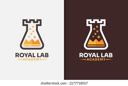 Royal lab Logo Design. Abstract Minimalist Lab Bottle Combined with Golden Crown and Castle Style Concept.