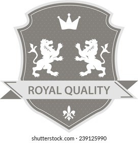 Royal label shield with two lions and crown in grey color style