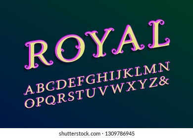 Royal layered alphabet. Colored 3d font. Isolated english alphabet.