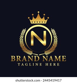 Royal Letter N Luxury Crown Logo Design Vector Illustration.