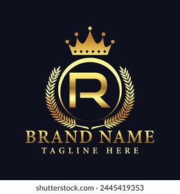 Royal Letter R Luxury Crown Logo Design Vector Illustration.