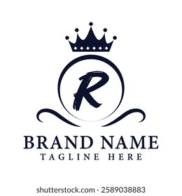 Royal Letter R Luxury Crown Logo Design Vector Illustration.