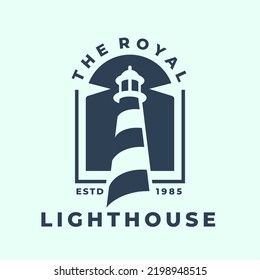 Royal lighthouse harbor logo. Maritime beacon icon. Marine search light symbol. Nautical watch tower emblem. Vector illustration.