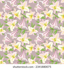 Royal lilies seamless pattern. Hand drawn vector illustration. Suitable for web background, gift paper, fabric or textile.