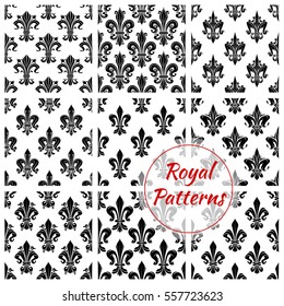 Royal lily floral patterns. Vector seamless patterns of french lily or fleur-de-lis ornament. Flourish and floral tile of flowery ornate. Embellishment motif of imperial adornment for interior design