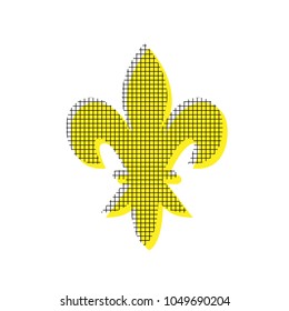 Royal lily, flower of king, iris of queen. Elements for design. Vector. Yellow icon with square pattern duplicate at white background. Isolated.