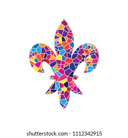 Royal lily, flower of king, iris of queen. Elements for design. Vector. Stained glass icon on white background. Colorful polygons. Isolated.