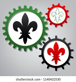 Royal lily, flower of king, iris of queen. Elements for design. Vector. Three connected gears with icons at grayish background.