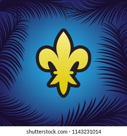 Royal lily, flower of king, iris of queen. Elements for design. Vector. Golden icon with black contour at blue background with branches of palm trees.