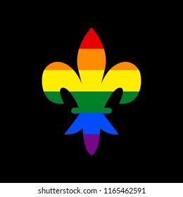 Royal lily, flower of king, iris of queen. Elements for design. Vector. Icon with colors of LGBT flag at black background.
