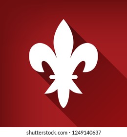 Royal lily, flower of king, iris of queen. Elements for design. Vector. White icon with limitless shadow at ruby red background.