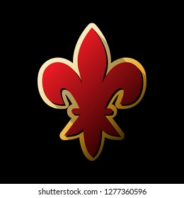 Royal lily, flower of king, iris of queen. Elements for design. Vector. Red icon with small black and limitless shadows at golden sticker on black background.