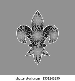 Royal lily, flower of king, iris of queen. Elements for design. Vector. Black maze filled icon with white border at gray background.