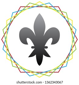 Royal lily, flower of king, iris of queen. Elements for design. Vector. Black icon with patch of light inside colorful hexagonal frames at white background.