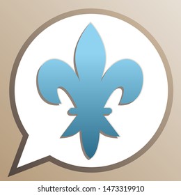 Royal lily, flower of king, iris of queen. Elements for design. Bright cerulean icon in white speech balloon at pale taupe background. Illustration.