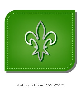 Royal lily, flower of king, iris of queen. Elements for design. Silver gradient line icon with dark green shadow at ecological patched green leaf. Illustration.