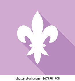 Royal lily, flower of king, iris of queen. Elements for design. White Icon with long shadow at purple background. Illustration.