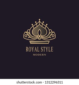 Royal liner monogram. Crown Logotype. Sign of king. Elegant design. Bright volumetric creative emblem for Royalty, business card, company name logo, Hotel, Restaurant. 3d Web icon Vector illustration