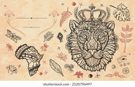 Royal lion and Africa map. African wild animals portrait. Old paper vector. Art background. Medieval manuscript style. Cover page template