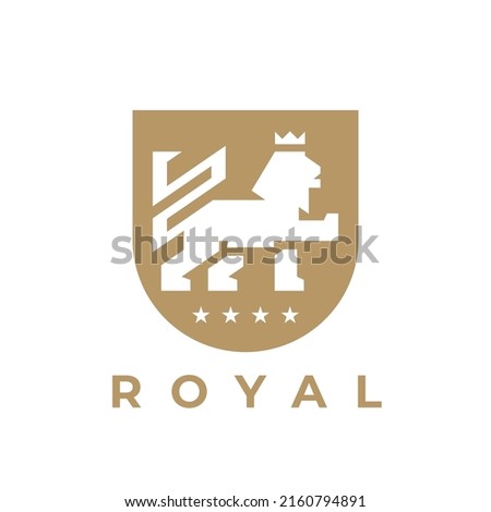 Royal lion crest logo emblem. Heraldic shield icon. Luxury gold vintage style insignia animal badge. Premium classic brand identity symbol. Vector illustration.
