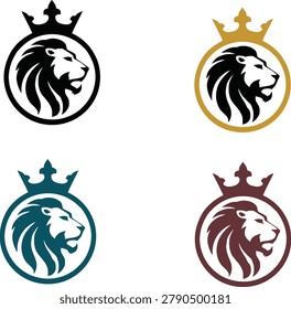 Royal lion crown circle logo vector featuring a majestic lion head enclosed within a circular emblem and topped with an elegant crown. Premium branding symbol representing leadership, authority, prestige, strength and excellence. Clean geometric lion illustration with bold lines, balanced proportions and professional vector styling. Perfect for luxury brands, security companies, financial services, sports teams, esports organizations, real estate agencies, automotive brands and corporate identity projects. High quality scalable vector artwork suitable for print, web, packaging, merchandise and commercial stock marketplace use.