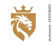 Royal Lion crown logo template. Elegant gold Leo crest symbol. Premium king brand identity icon. Luxury company sign. Vector illustration.